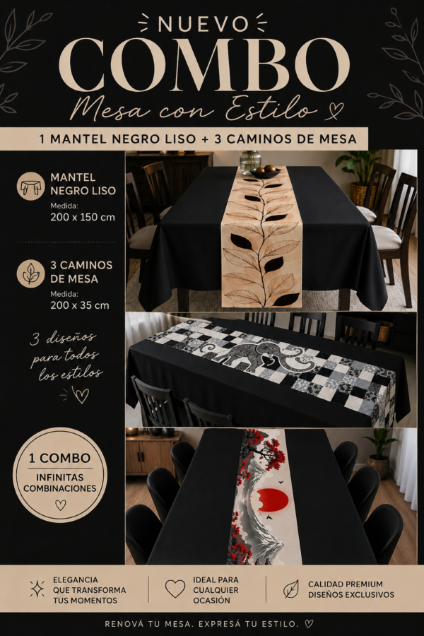 Mantel liso + 3 caminos varios
