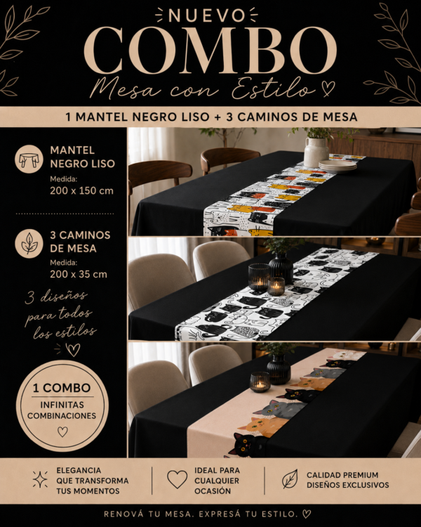 Mantel liso + 3 caminos gatitos