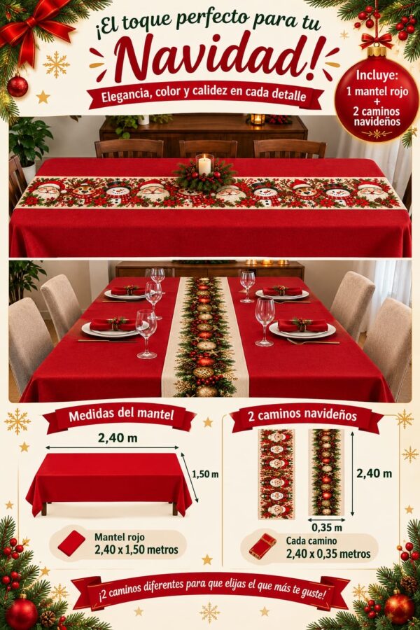 Mantel liso + 2 caminos navideños 240x150